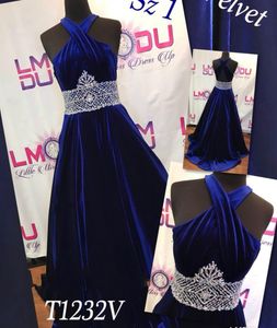 A-Line Royal Blue Velvet Girl Pageant Sukienki na Wesele Pagewanki Suknie Kryształ Zroszony Communion Prom Suknie Otwórz Wstecz Wykonany