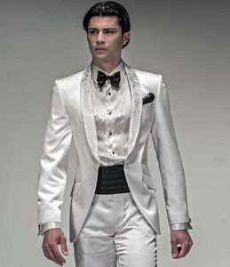 Nowa Moda Błyszczy Biały Groom Tuxedos Groomsmen Nosić Doskonałe Mężczyźni Działalność Biznes Garnitur Party Prom Suit (Kurtka + Spodnie + Krawat + Girdl) No: 104