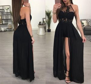 Sexig halter svart chiffong sommar prom klänningar split se genom kväll fest klänning spets applique en linje prom klänning