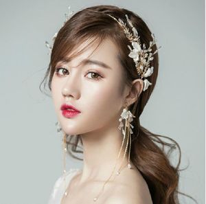 Jóias de noiva, contas de mão, flores, headwear dourado, conjuntos de argola, acessórios de casamento, coroa, acessórios de cabelo coreano.