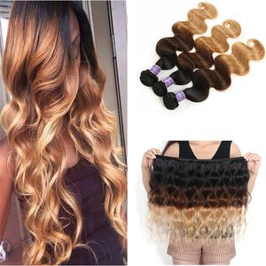 Brzailian Ombre Hair Extension Tre Tone 1b / 4/27 # Kroppsvåg Brun Human Hair Weave 3 Bundlar Billiga Färgade Brasilianska Blondiner Hår