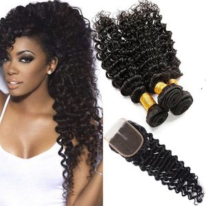 Brasilianisches reines Haar, tiefe Welle, Bundles mit 4 x 4-Spitzenverschluss, Babyhaar, 4 Teile/los, tiefes lockiges Menschenhaar, Tressen mit Verschluss