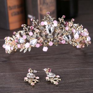 Gorgeous Pink Crystals Wedding Diamante Pageant Tiaras Hairband With Earings Crystal Bridal Crowns For Brides Headpiece Silver & Gold HTJ002