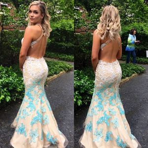 Charmig 2018 Lace Applique Champagne Mermaid Prom Klänningar Lång Sexig Criss Cross Back Beads Formell Party Gowns Custom Made Kina EN1118