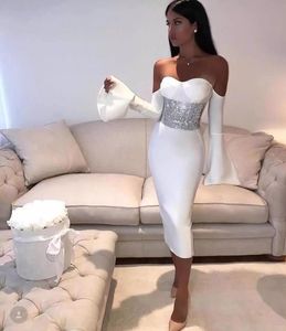 Sexy Tea Length Long Sleeve Evening Dresses Sweetheart Neck Mermaid Prom Gowns White Cocktail Dress With Crystals