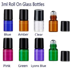 50pcs/Lot 3ml Glass Roll On Bottles Amber Blue Clear Pink Green With Stainless Steel Ball Black Cap for Essential Oil