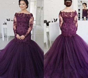 Alluring Purple Prom Evening Dress For Plus size Women Girls 2022 Off shoulder Illusion Long Sleeves Lace Applique Mermaid Ruched Cheap