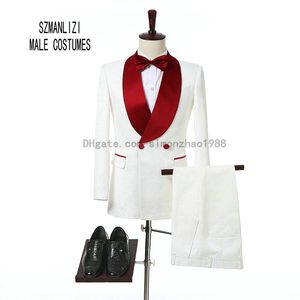 2018 Custom Made Groomsmen Bianco stampato Abiti da cerimonia uomo vestito da cerimonia Smoking dello sposo Doppiopetto Abiti da uomo Abiti da sposa Best Man Blazer