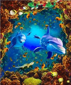 Custom 3D floor painting mural bathroom Dolphin coral non-slip waterproof self-adhesive PVC Wall paper