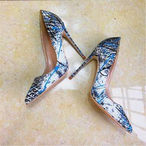 Новый синий змея брызжет змея, с тонкой указал туфли на высоком каблуке, модные женские туфли, 33-45 ярдов обувь