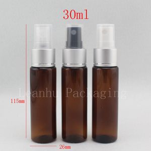 30 ml x 100 braune Kunststoffflaschen mit Parfüm-Aluminium-Sprühpumpe, 1 Unze leere Kosmetikverpackungsflaschen mit Sprühporzellan