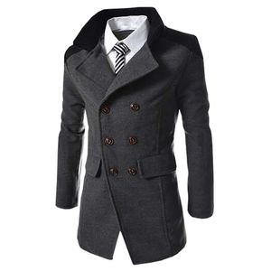 Hot Sale Autumn Long Wool Coat Men Fashion Turn-down Collar Wool Blend Double Breasted Pea Coat Jacket Men  Overcoats