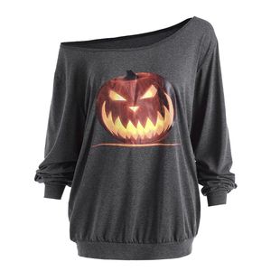 Kvinnors Blusar Skjortor Diagonal Shoulder Halloween Pumpkin Print Top Shirt Kvinnor Plus Storlek Långärmad Skew Neck Tee Blouse