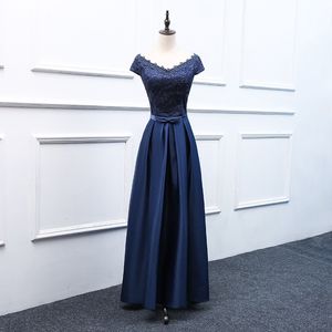 Elegant mother of the bride dresses Navy Blue satin with lace top v-neck lace-up with zipper back floor length mother's dresses cheap
