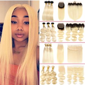 Brasilianska Virgin Mänskliga hårförlängningar Rak 613 # Honey Blonde Human Hair Weave med stängning 3 buntar med 4x4 spetslåsning