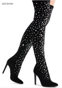 2018 glitter donna stivali alti alla coscia stivali in pelle scamosciata scarpe da festa da donna stivaletti sexy con strass stivaletti con tacco sottile con diamanti