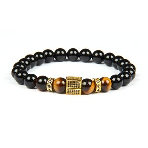 Hommes Bracelet en or gros Micro Pave noir Cz Hexagon perles Bracelets avec 8 mm Natural Black Onyx Tiger Eye Stone Perles