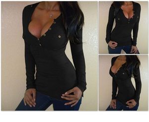 2017 년 가을 흑인 여성의 긴 소매 T 셔츠 패션 프론트 로우 컷 섹시 캐주얼 Femal 타이트 버튼 열기 가슴 의류 탑 포켓