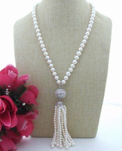 Hand knotted necklace 8-9mm white natural freshwater pearl micro inlay zircon tassel sweater chain fashion jewelry long 57cm