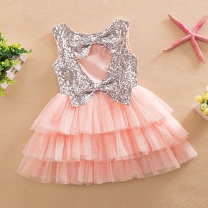 Hot Sale Söt Kids Flickor Fashion O-Neck Ärmlös Net Garn Patchwork Sequins Dekoration Klänning Kids Girls Bow Lace Dress