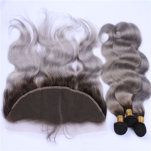 Ombre серебристо-серый перуанский волна тела пучки человеческих волос с Frontals 1b / серый Ombre девственные волосы ткет с полным 13x4 кружева фронтальной закрытия