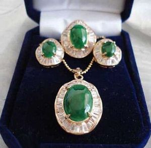Emerald Green Jade 18KGP Cubic Zirconia Pendant Necklace Earrings Ring Set281M