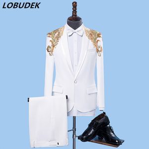 (jacket+pants) Formal male suit dresses white flash Sequins Blazers set Teams Chorus costume Host stage performance outfit singer Party show