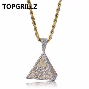 TOPGRILLZ Hip Hop Iced Out Copper Gold Color Bling Micro Pave Cubic CZ Stone Egypt Pyramid Pendant Necklace Charm For Men Gifts