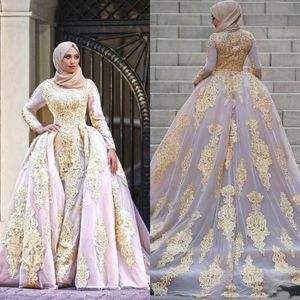 Beaded Wedding Muslim Dresses with Detachable Train Bridal Gowns Gold Lace Appliqued Blush Pink Tulle Long Sleeves Country Bride Dress