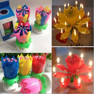 Cake Topper Double-Deck Lotus Flower Blossom Magic Candle Musical Birthday Party Colorful Petals Music Candle HH7-204