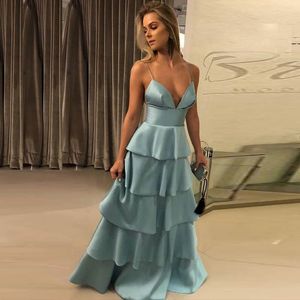 Spaghetti Straps Blue Satin Evening Dresses V Neck Tiered Ruffles Floor Length Backless Elegant Prom Dresses Formal Evening Gowns