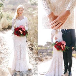 Vintage New Country Romantic Mermaid Dresses Long Sleeves V Neck Sexy Lace Sweep Train Wedding Gowns Boho Bridal Dress Cheap 0420