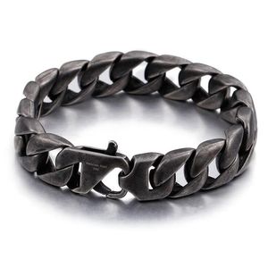 Punk Vintage Tung Svart Stainless Steel Mäns Borstat Kubansk Curb Link Armband Nangle Jewlery 15mm För Mannen Fader Gifts 20-22cm