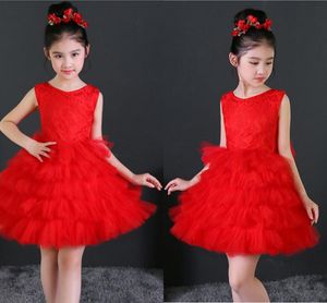 Girl's Pageant Dresses High-Quality White Red Puff Skirt Child Eauty Pageant Round Neck Lace Spring Summer Children Flower HY086