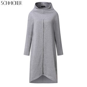 Schmicker Tunic Long Sweatshirt Kvinnor Turtleneck Långärmad Zipper Upp Lösa toppar Pullovers Irregualr Sweat Shirt Robe Plus