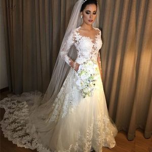 A linha de Manga Comprida Tulle Vestidos de Casamento Sheer Jewel Neck Lace Apliques Romântico Praia Vestido De Noiva Vestidos De Noiva Wedidng Vestidos