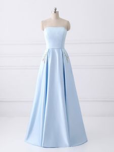 Light Sky Blue Prom Dress Strapless Lace-up Back Satin with Crystal Beads Floor Length Long Evening Dresses Custom made Plus Size