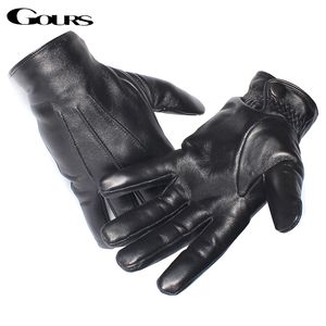 Großhandels-Gours Herren Echtlederhandschuhe Echtes Schaffell Schwarz Touchscreen-Handschuhe Knopf Mode Winter Warme Handschuhe Neu GSM050