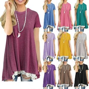 Patchwork Lace Loose Long T-shirt Kvinnor Top Casual Short Sleeve Tees Maternity Pullover Shirt C4567