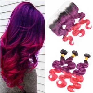 Virgin Peruvian #1B/Purple/Pink Ombre Human Hair Wefts Body Wave with 13x4 Full Lace Frontal Closure Three Tone Ombre Weave Bundles