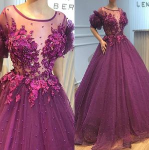 Pearls Formal Dresses Evening Beaded Sheer Jewel Neck Puff Sleeves Prom Gowns Floor Length 3D Appliqued Tulle Plus Size Party Dress