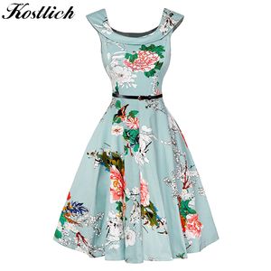 Kostlich Floral Print Damen Sommerkleid Hepburn 50er Jahre 60er Jahre Vintage Kleid Damen 2018 A-Line Partykleider mit Gürtel Sommerkleid weiblich D1891301