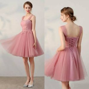 2019 Pink Short Prom Dresses Sheer Straps Lace Applique Beads Tulle Bridesmaid Dress Custom Made Homecoming Dresses Formal Party Gowns