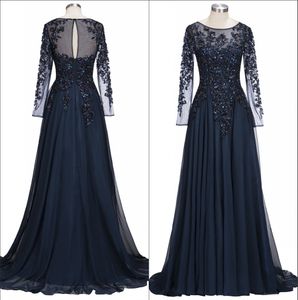 Abiti per la madre della sposa in chiffon a maniche lunghe trasparenti blu navy Abiti da sera formali con perline e pietre di perline BA9135