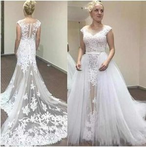 Abiti da sposa sexy bianchi di dimensioni personalizzate Scollo rotondo Treno staccabile Appliques senza maniche in pizzo Abiti da sposa affascinanti a coda lunga