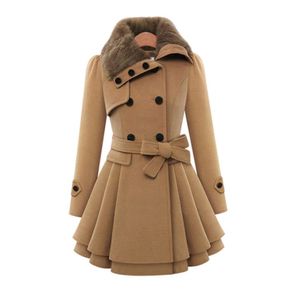 HOT Elegant Women's Woolen Coat Woman Winter Autumn Lace Up Slim Skirts Jacket Single Breasted Robe Outerwear Warm Manteau Femme