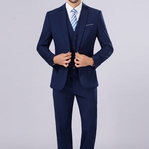 Dostosuj Navy Blue Men Garnitury Przystojny Biznes Dokonowany Tuxedo Groom 3 Sztuk Slim Fit Miasta Ślubne Terno Masculino Jacket + Vest + Spodnie