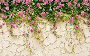 papel Photo Wall costume 3d rosa rosa Original flor rosa parede de pedra muro de terra TV fundo Pintura wallLiving quarto Wallpaper 3D