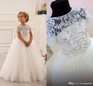 Gorgeous Ball Gown Lace Flower Girls Dresses Beaded Floor Length Girls Birthday Party Gown First Communion Dresses