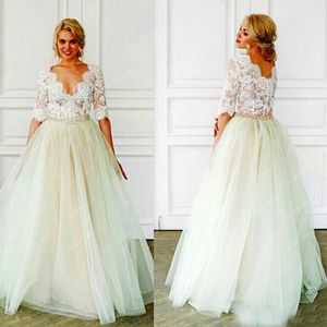Elegant Lace Tulle Evening Dresses 2019 V Neck Half Sleeves Illusion Bodice Crystal Sash Floor Length Plus Size White Ball Gown Prom Dresses